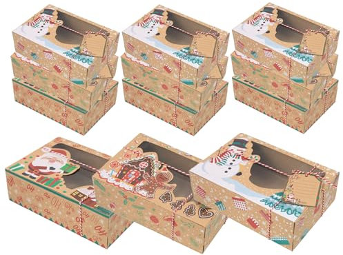 Tanant 12 Pièces Boîte à Biscuits en Papier Kraft Boîte à Bonbons avec Fenêtre en PVC Boîte à Faveurs Boîte à Pain D'épice en Papier Kraft de Noël Boîtes à Biscuits de Noël Boîtes à