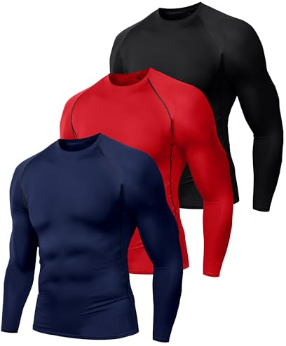 Holure 3-pack kompressionsskjortor för män, långärmade löpartopp, snabbtorkande, baslager, toppar för gym, sport, fitness, träning, Svart/röd/marinblå, S