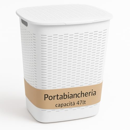 Tomaino - Cesto Portabiancheria in Plastica - Contenitore Biancheria Sporca da Bagno - Cesta Porta Vestiti e Panni Sporchi con Coperchio Salvaspazio 47 Litri (Bianco)