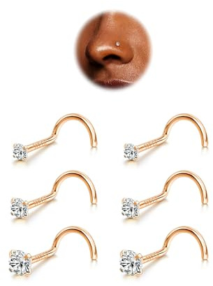BodyBonita 6 Pezzi Piercing Naso - 316L Acciaio Chirurgico Naso Stud Set 22G Piercing al Naso 1.5mm 2mm 3mm CZ Vite Anelli per il Naso Borchie Piercing Alla Narice Gioielli per Donne e Uomini Oro Rosa