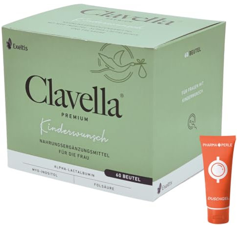 Clavella premium 1x 60 Beutel I Nahrungsergänzungsmittel für Frauen mit Kinderwunsch I körperliche Vorbereitung auf Schwangerschaft I Folsäure I Myo-Inositol I Spar-Set plus Pharma Perle give-away