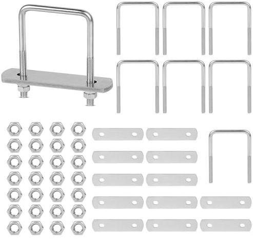 EFUTURETIME 8 x Pernos en U M8 Cuadrado 50×80 mm | Tornillos en U con 16 Pletinas y 32 Tuercas para Tuberías y Industriales