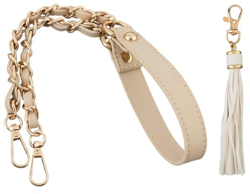 CALFOVERA Correa de Cadena de Cuero Sintético para Bolso con Borla Colgante, 63cm de Microfibra, Repuesto de Cadena para Bolso de Mano, Asa Plana para Mujer, Bolso Bandolera (Beige Dorado)