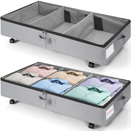 OUUTMEE Lot de 2 Rangement sous Lit avec Roulettes, 50L Boîte de Rangement sous Lit Pliable avec Couvercle en PVC et Structure Métallique pour Vêtements, Chaussures, Jouets, Couvertures, Gris