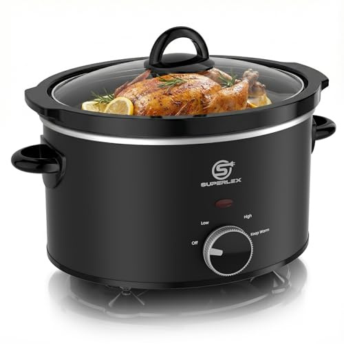 SUPERLEX Slow Cooker 3.5 L Oval Crock Pot with 3 Cooking Settings, Tempered Glass Lid and Cool Touch Handles, 180W Removable Easy Clean Pot, Stainless Steel Shell Black