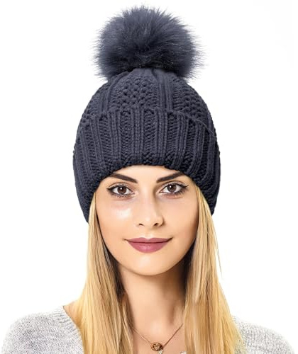 HOKEMP Womens Winter Beanie Hat, Satin Lined Women Hat Faux Fur Pom Pom Beanies Women Warm Knit Hats Warm Cap Dark Gray