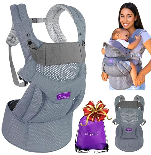 Chiquito | Mochila Portabebés 0-36 m (3,2-15 kg) | Ergonómica y transpirable Softflex Malla 3D | Soporte lumbar para mayor comodidad | Ajuste rápido | Postura M | Bolsa regalo incluida. (Gris Oscuro)