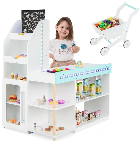 GOPLUS Supermarché Enfant, Jouet de Caisse Enregistreuse avec Chariot de Courses, Tableau Noir, Tapis Roulant Mobile & 39 Accessoires, Stand de Marché en Bois avec LED