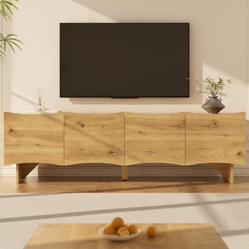Merax Meuble TV Moderne 155 cm avec Portes Ondulées, Lowboard Bois avec 4 Portes, Rangement Multimédia et Gestion de Câbles pour Salon