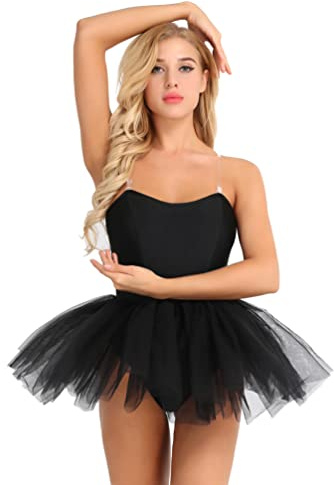 YiZYiF Robe Danse Classique Femme Justaucorps Gymnastique Tutu Robe Ballet Latine Jazz Tango Rumba Salsa Valse Robe Soirée Cocktail Salle de Bal Performance Noir M