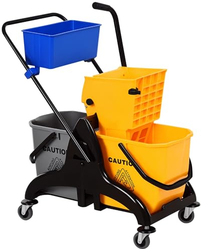 HOMCOM 2 x 6.9 Gallon Mop Water Bucket Wringer Cart with Easy to Use Side Press Wringer, Smooth Wheels, Mop-Handle Holder