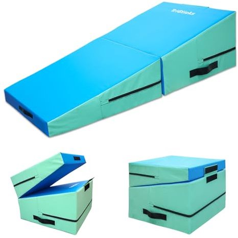 Triclicks Foldable Incline Gymnastics Mat, Wedge Gymnastics Mat, Cheese Wedge Skill Shape Tumbling Mats with Carry Handle, 60 x 60 x 43cm, Yoga Mats for Home Fitness Aerobic Exercise (Blue)