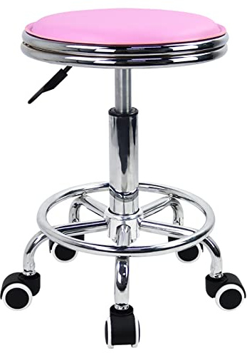 KKTONER Rund rullpall med fotstöd PU-läder höjdjustering modern industriell metallstil svängbar spa salong tatuering arbete massage pallar liten (rosa)