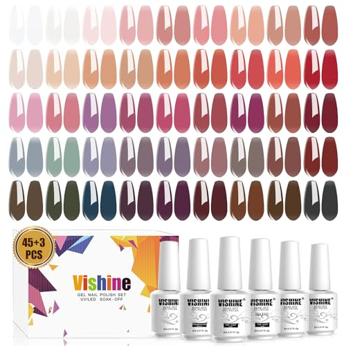 Vishine Set di 48 smalti in gel per unghie, 45 colori, set di smalti in gel marrone, smalto gel traslucido, smalto trasparente per unghie in gel trasparente, regalo per manicure