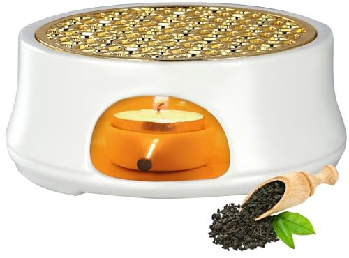 Keramik Stövchen Teekanne Wärmer, Kaffeewärmer, Stövchen für Teekanne mit Tablett und Kerzenstände, Geschnitztes Retro Teelichthalter geeignet zum Erhitzen von Tee und Kaffee (ohne Kerze) (Weiß)