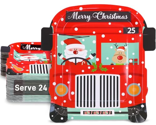 Santa Claus Christmas dinner plates Xmas party plates 11x 10 Christmas paper plates 24 count heavy duty Xmas disposable party dessert plates with christmas Bus for kids Plates Xmas party plates bulk