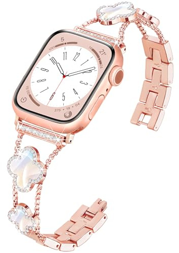 wipalor Glitzer Metall iWatch Armband Kompatibel für Apple Watch Armband Damen 44mm 46mm 45mm 42mm 49mm, Edelstahl Glänzendes Vierblattgras Wechseln für Apple Watch SE 10 9 8 7 6 5 4 3 Ultra-Roségold