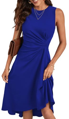 Happy Sailed Women's Midi Cocktail Dresses Summer Sleeveless Ruched Waist Asymmetrical Hem Slim Fit A Line High Low Wedding Guest Party Dress 2025 Dark Blue Small