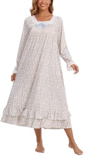 Rubehoow Camisa de Noche para Mujer Victoriana Vestido de Noche Vintage de Manga Larga Pijama Vestido de Noche de Algodón Suave Ropa de Dormir S-3XL, Floral morado., M