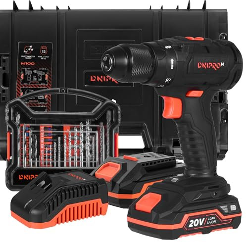 Dnipro-M Taladro Percutor a Bateria CD-200BC ULTRA 20V Brushless con 2 Baterías Recargables - Cargador de Bateria Rápido, Juego de Brocas Profesional 41 uds, Puntas Atornillador y Caja de Herramientas