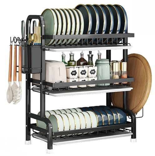 3-Tier Dishes Drying Rack, Black Dish Drainers Rack with Drip Tray, 63*27*14cm, with Draining Board and Cutlery /Chopping Board Holder over Sink, Stainless Steel Dish Storage Rack with 4 Hooks