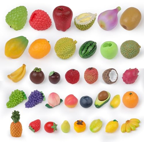 TaoQ C 35 Piezas Mini Frutas Artificiales de Resina Figura de Fruta Artificial Mini Falsas Frutas Miniatura Resina Fresa Limón Plátano para Cocina Jardín Pasteles Fiestas Decoración