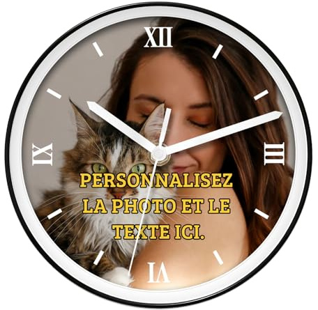 FKF Horloge Murale personnalisée avec Votre Photo - Horloge Ronde silencieuse personnalisée pour Salon, Chambre, Cuisine - Cadeaux de Vacances créatifs, Plusieurs Tailles (Noir)