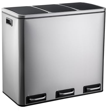 hjh OFFICE Cubo de basura 3 x 18L CLEAN IX Metal, Sistema de separación de residuos, Cubo de basura con cierre suave, Cubo con pedal con 3 compartimentos, Plateado
