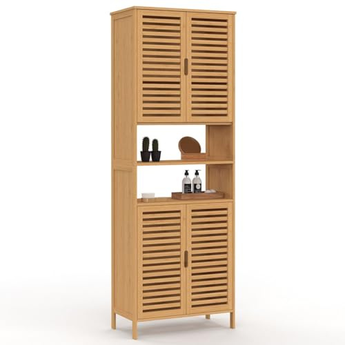 IDMarket - Meuble Armoire Colonne Salle de Bain Bambou BEA 4 Portes et 2 niches