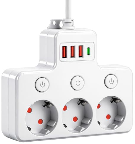 Multiuttag med 3 vägguttag med.3 USB och 1 USB-C-port, väggdesign, oberoende strömbrytare, för kontor, hem, resor, kök, badrum vit