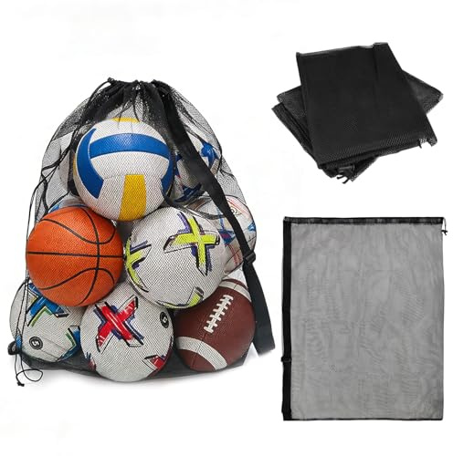 Pack of 2 Football Bag for Balls, Extra Large Mesh Bags for Rugby Ball | Drawstring Football Bag with Adjustable Shoulder Strap, Heavy Duty Black Net Bag for Basketball, Volleyball