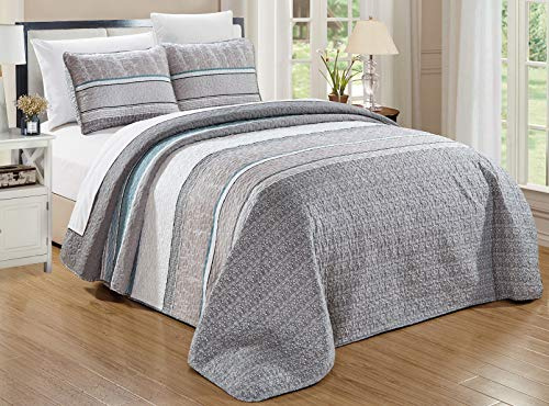 Grand Linen 3-Piece Fine Printed (90 X 88) Quilt Set Reversible Bedspread Coverlet (Double) Full Size Bed Cover (Grey, Teal Blue, White, Stripe)