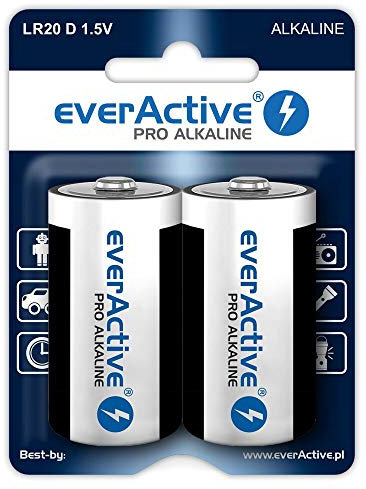 everActive D Batterien 2er Pack, Pro Alkaline, Mono LR20 R20 1.5V, höchster Leistung, 10 Jahre Haltbarkeit, 2 Stück – 1 Blisterkarte
