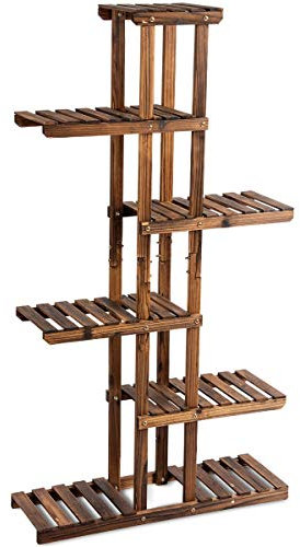 GOPLUS Étagère à Fleurs de Design Vertical en Bois avec 7 Tablettes, Support de Plantes avec 6 Niveaux Intérieur et Extérieur, pour Maison, Jardin, Bureau, 75x25x140,5cm