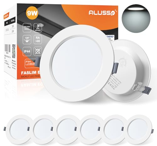 ALUSSO LED Downlights for Ceiling 9W Ultra Slim LED Recessed Ceiling Spot Lights 6500K Cool White IP44 Waterproof Spotlights Ceiling Lights for Bathroom Kitchen Living Room, 6 Pack