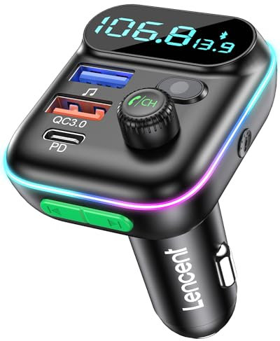 LENCENT FM Auto Transmitter Bluetooth Adapter V5.0 Auto Radio Adapter Freisprecheinrichtung Auto Ladegerät mit USB Anschlüsse PD Typ-C QC 3,0 USB Schnellladung