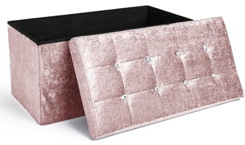 Home Republic Large Ottoman Storage Box Folding Seat, Storage Stool Faux Leather Toy Chest Practical Bench Blanket Box (Crushed Velvet Buttoned Blush Pink, 76x38cms)