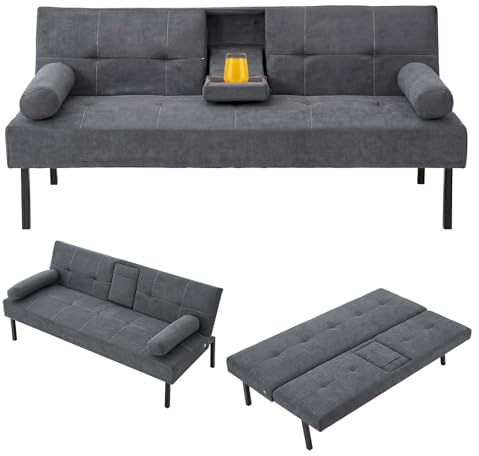 Panana 3 Seater Sofa Bed Linen Fabric Upholstered Modern Convertible Folding Futon Sofa Bed Daybed Guest Bed, 5 Angles Adjustable, 2 Cup-Holders (Grey)