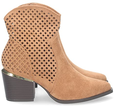 70136 Botin de Tacon para Mujer, Comoda, con Punta Fina, con Calados en la Cana, y Cierre de Cremallera, Primavera Verano 2023 Camel Talla 39