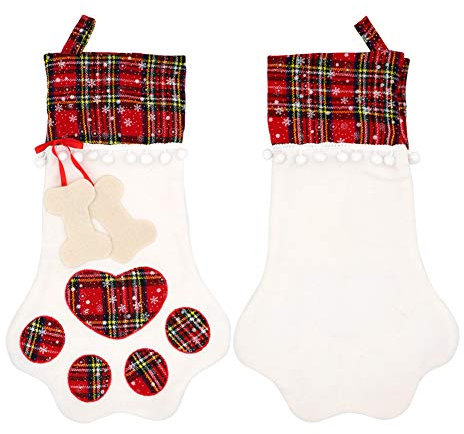 TOPANBIETER 999 Weihnachtsstrumpf rot Tierpfote Weihnachten Kamin Nikolausstrumpf Weihnachtsdekoration Advent Festliche Strümpfe 46x28 cm (rot)