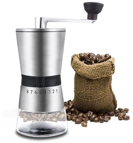 Kaffeemühle Manuell aus Edelstahl und Glas, Verstellbarer Mahlgrad, Präzisem Kegelmahlwerk, Präzise Mahlgradeinstellung, Handkaffeemühle
