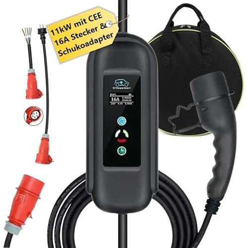 Mobile Wallbox 11kW CEE 16A Stecker und Schukostecker, Zusätzlicher Adapter 16A mit offenem Ende 5 Adern +Tasche und Wandhalterung, 5 Meter Typ2 Ladekabel, mit Display, Regelbar 8/10/13/16 A