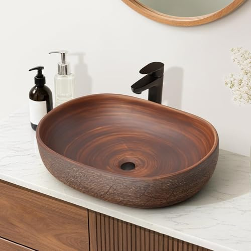 COGITIL Vessel Sink, 23 Bathroom Sink for Retro Style Countertop Washbasin, Handmade Patterned Elegant Ceramic Oval Bowl Sink for Modern and Classic Bathrooms Without Overflow