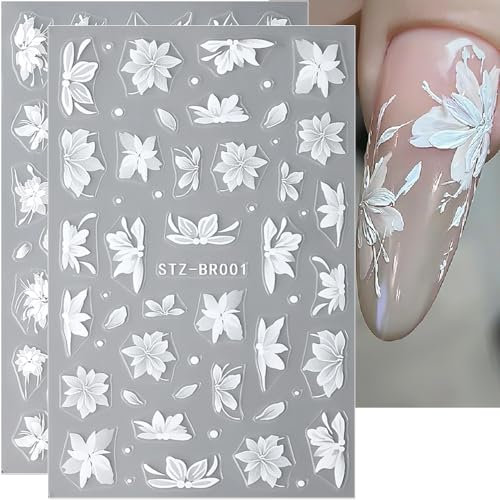3D Flower Nail Art Stickers Nagelsticker Blumen Nagelaufkleber Weiße Blume Nageldesign Nagelfolie Selbstklebend Nail Sticker Blumen Nagel Stickers Lilie Blütenblatt Nailart Aufkleber Nägel Zubehör