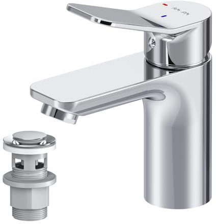 AM.PM X-Joy - Wasserhahn Bad mit Klick-Ablaufgarnitur EcoStart-Funktion Mischbatterie mit Push-Open Ablauf Einhebel Waschtischarmatur Einhandmischer für Badezimmer Waschbeckenarmatur, Chrom