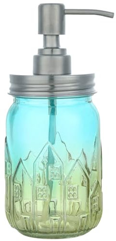 YunNasi Glass Soap Dispenser with Stainless Steel Pump, Refillable Liquid Hand Soap Dish Soap Dispensers for Bathroom Counter, Kitchen Sink (BlueGreen)