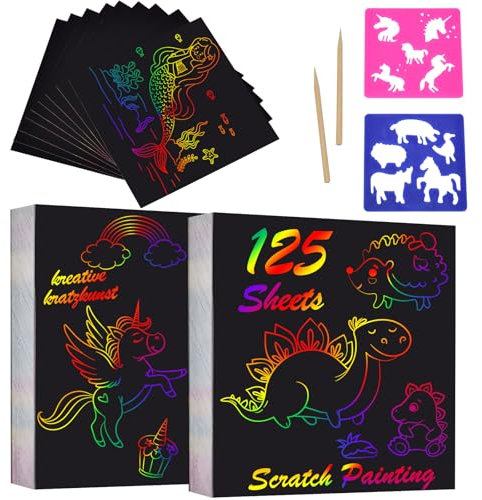 125 Blätter Kratzbilder Kinder, Regenbogen Kratzbilder, Magic Scratch Book + 2 Holzstifte + 2 Malschablonen, Scratch Crafts Kinder Set zum Zeichnen & Basteln für Party Deko DIY Handwerk (8,5*8,5CM)