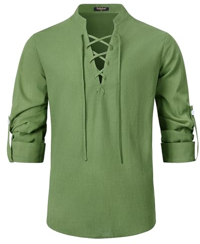 Enlision Camisa Ghillie para Hombre Manga Larga Laca Up Disfraz Medieval renacentista para Hombre Túnica clásica de Pirata Vikingo Verde Militar 2XL