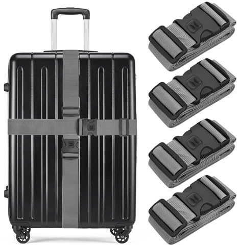 BILIONE 4 Pcs Luggage Straps for Suitcases Strap Lockable Suitcase Belts | Heavy Duty Luggage Straps,Adjustable Suitcase Straps,Premium Accessory for Travel Bag Closure (Grey)