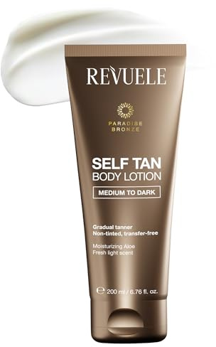 REVUELE Self Tan Body Lotion Medium to Dark – Lotion Auto-Bronzante Corps Gradual, Teint Doré Intense et Naturel, Hydratante à l’Aloe et Vitamine E, Effet Glow Personnalisable, 200 ml